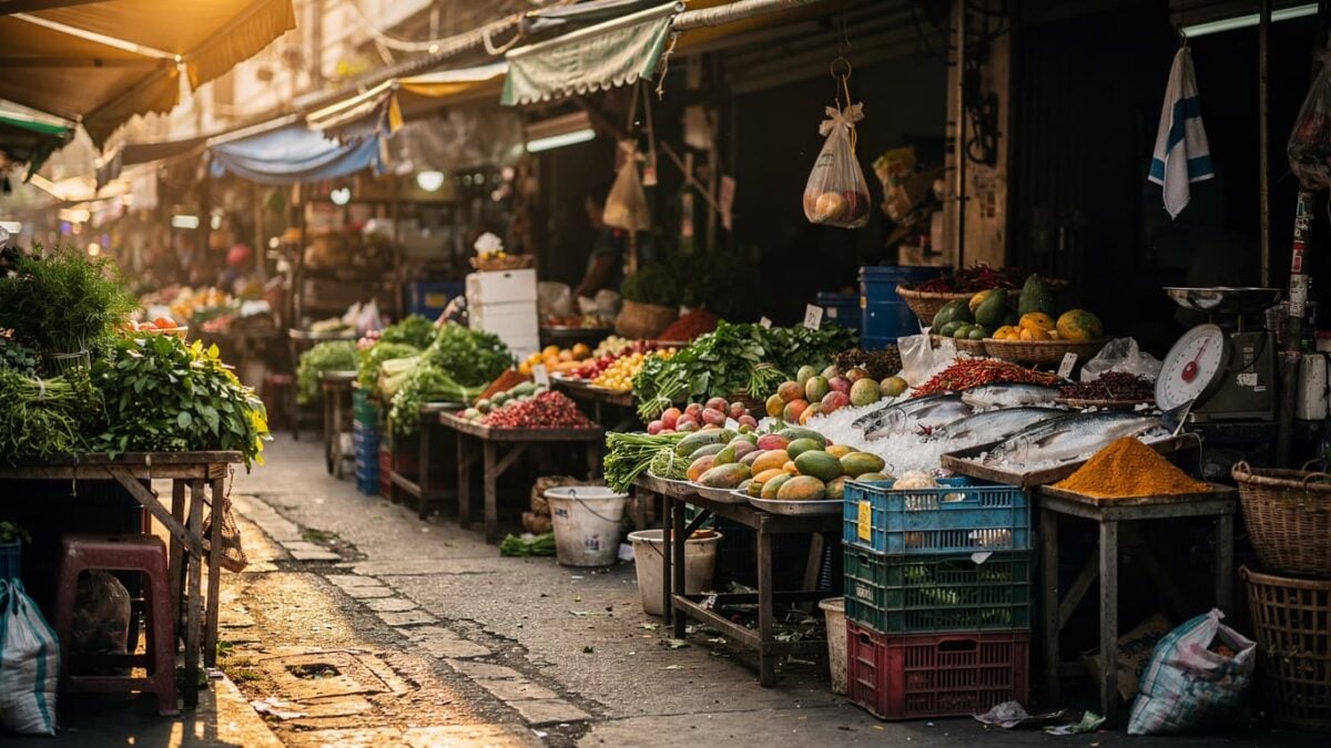 Busy street market in Bangkok with shoppers and local vendors selling produce