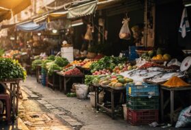 Busy street market in Bangkok with shoppers and local vendors selling produce