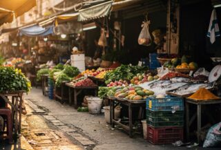 Busy street market in Bangkok with shoppers and local vendors selling produce