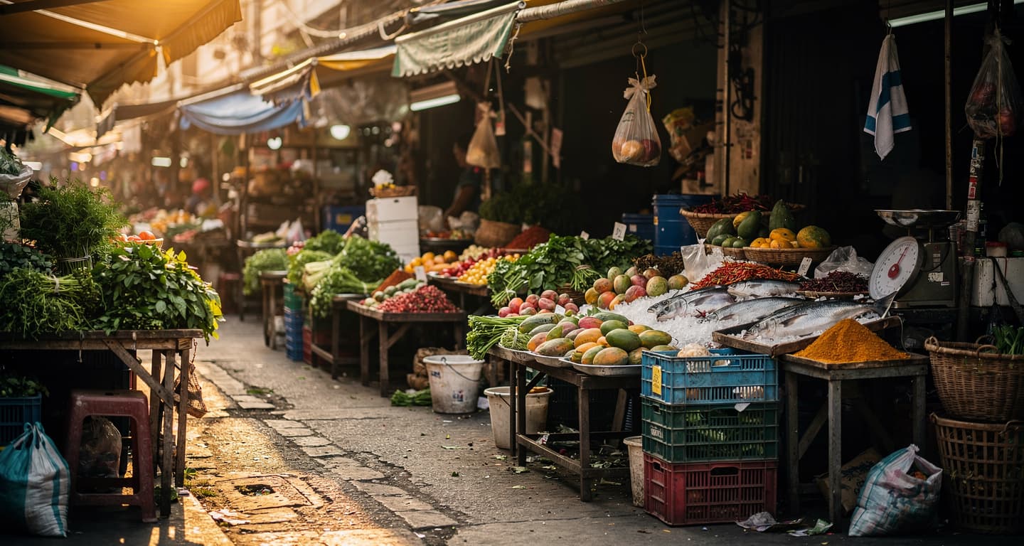 Busy street market in Bangkok with shoppers and local vendors selling produce