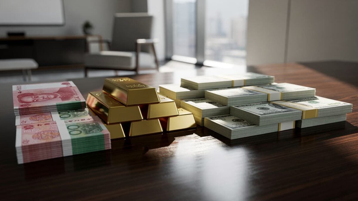 Chinese yuan and gold bars stacked next to US dollars on a table
