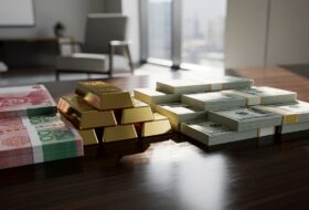 Chinese yuan and gold bars stacked next to US dollars on a table