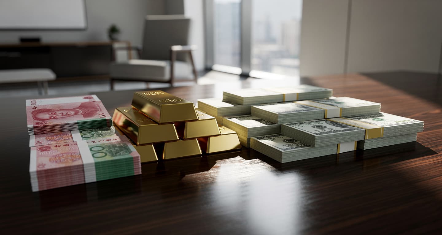 Chinese yuan and gold bars stacked next to US dollars on a table