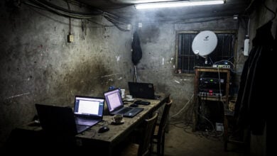 Clandestine internet café with Starlink terminal in Myanmar conflict zone