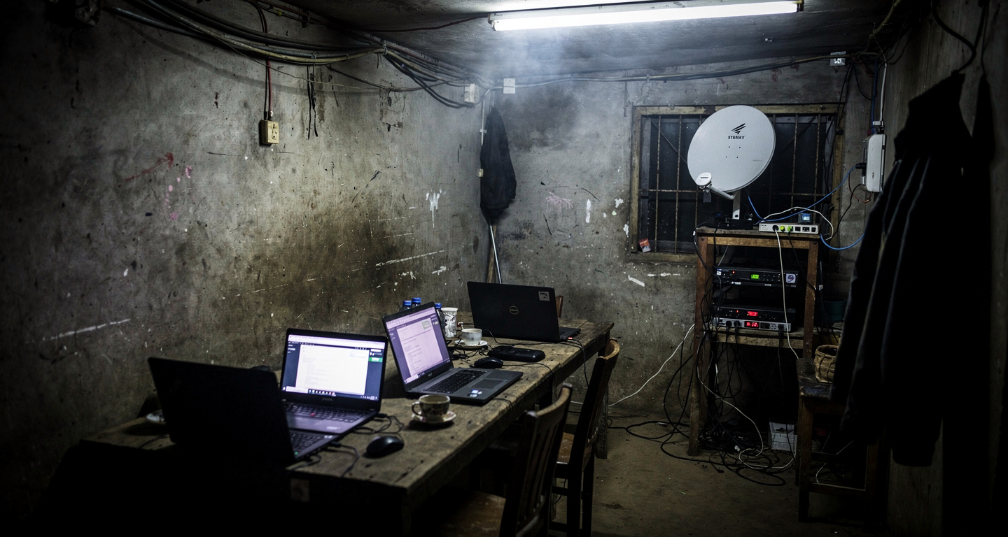 Clandestine internet café with Starlink terminal in Myanmar conflict zone