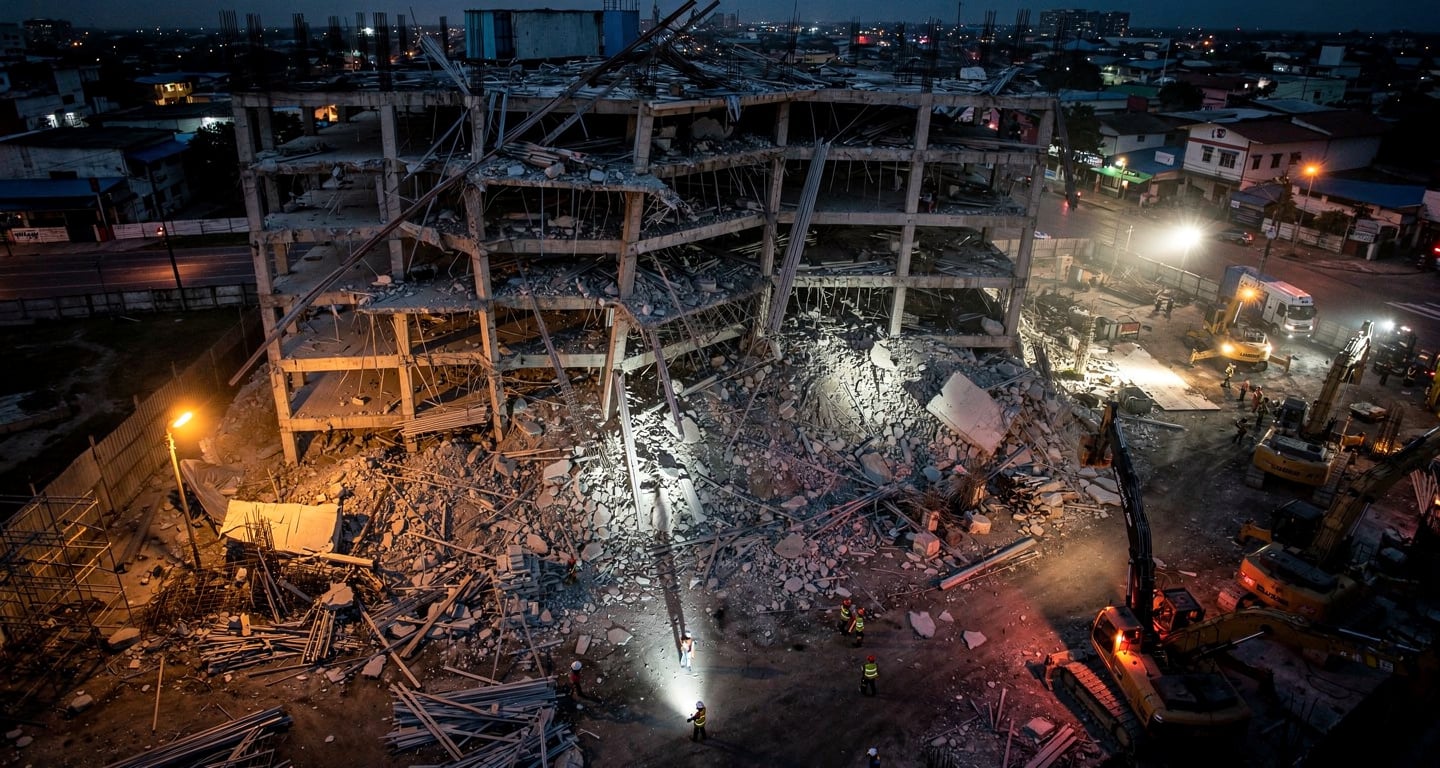 Collapsed building construction site in Angeles City, Philippines, at dusk