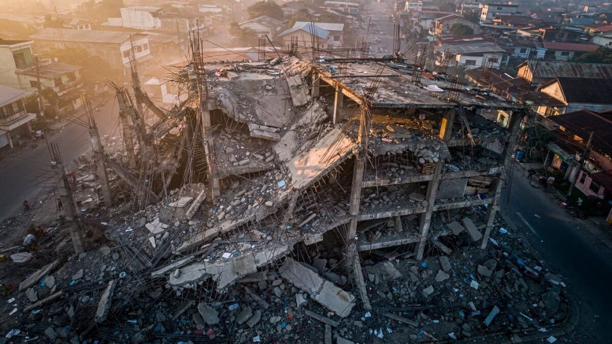 Collapsed building in Angeles City, Philippines, with twisted rebar and concrete rubble
