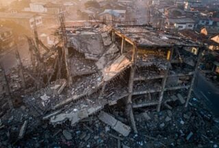 Collapsed building in Angeles City, Philippines, with twisted rebar and concrete rubble
