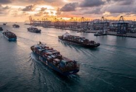 Container ships in Singapore Strait at dawn, with busy port in background