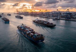 Container ships in Singapore Strait at dawn, with busy port in background