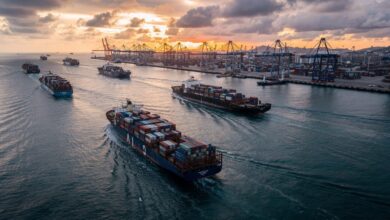Container ships in Singapore Strait at dawn, with busy port in background