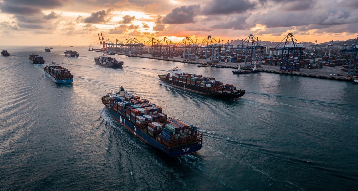 Container ships in Singapore Strait at dawn, with busy port in background