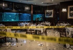 Crime scene in a Ho Chi Minh City restaurant with police tape and overturned furniture