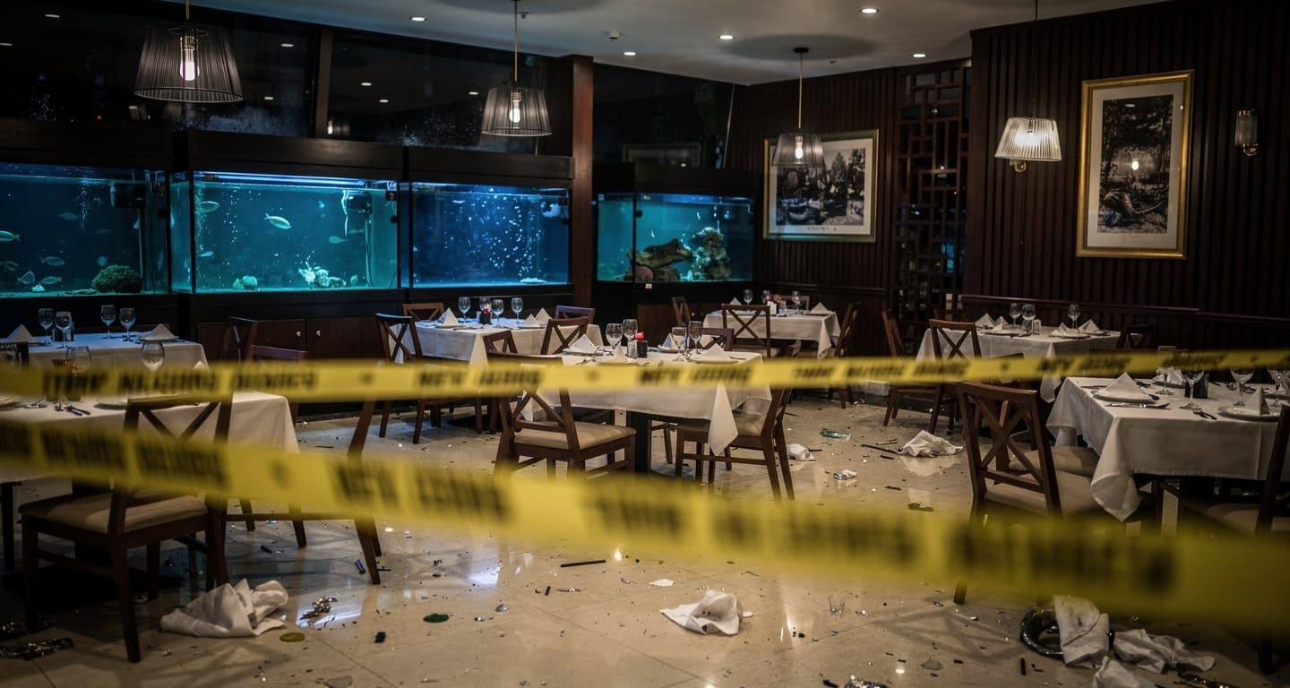 Crime scene in a Ho Chi Minh City restaurant with police tape and overturned furniture