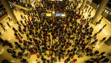 Crowded train station during Spring Festival travel rush, China
