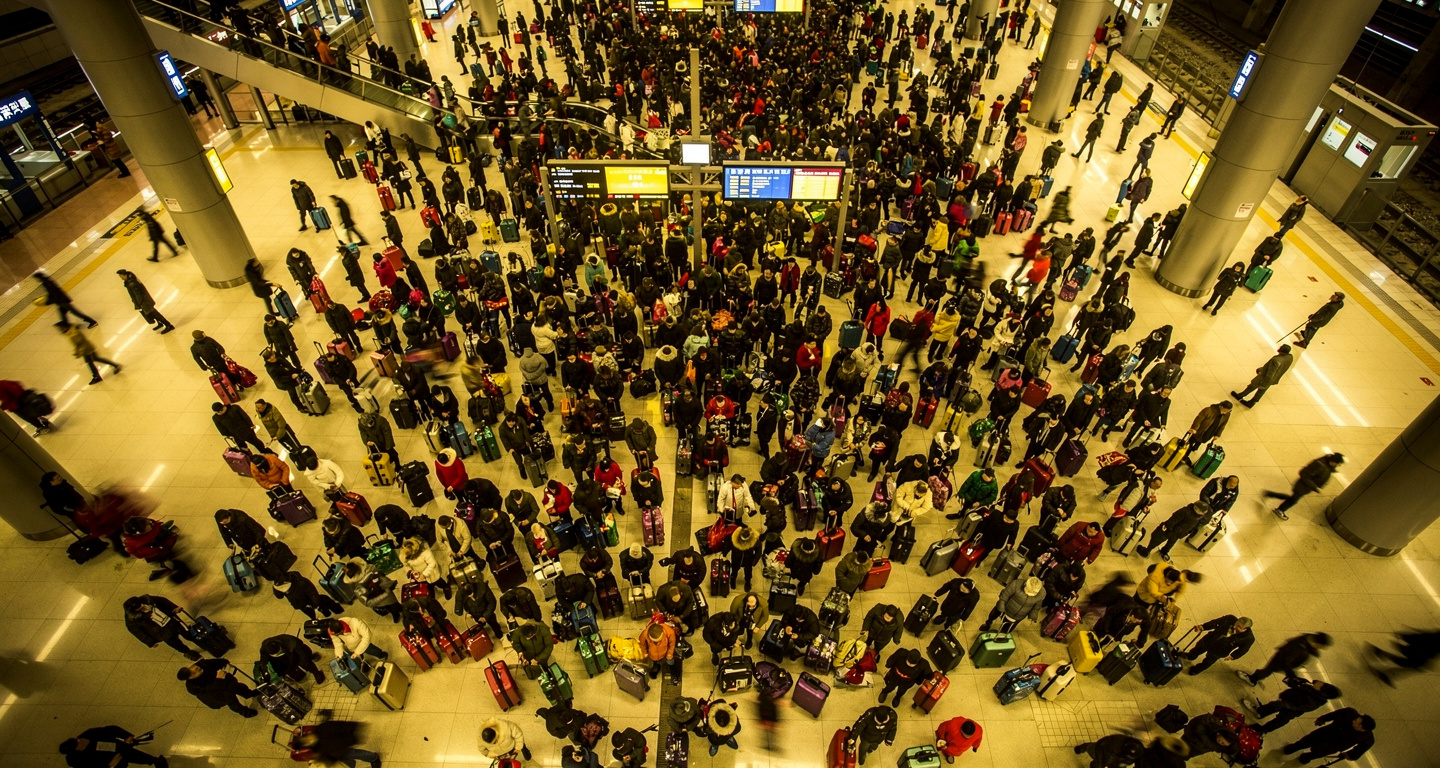 Crowded train station during Spring Festival travel rush, China