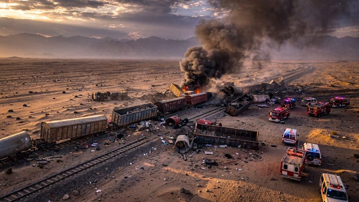 Derailment of a cargo train in a desert landscape near Quetta, Pakistan