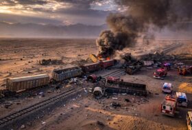 Derailment of a cargo train in a desert landscape near Quetta, Pakistan