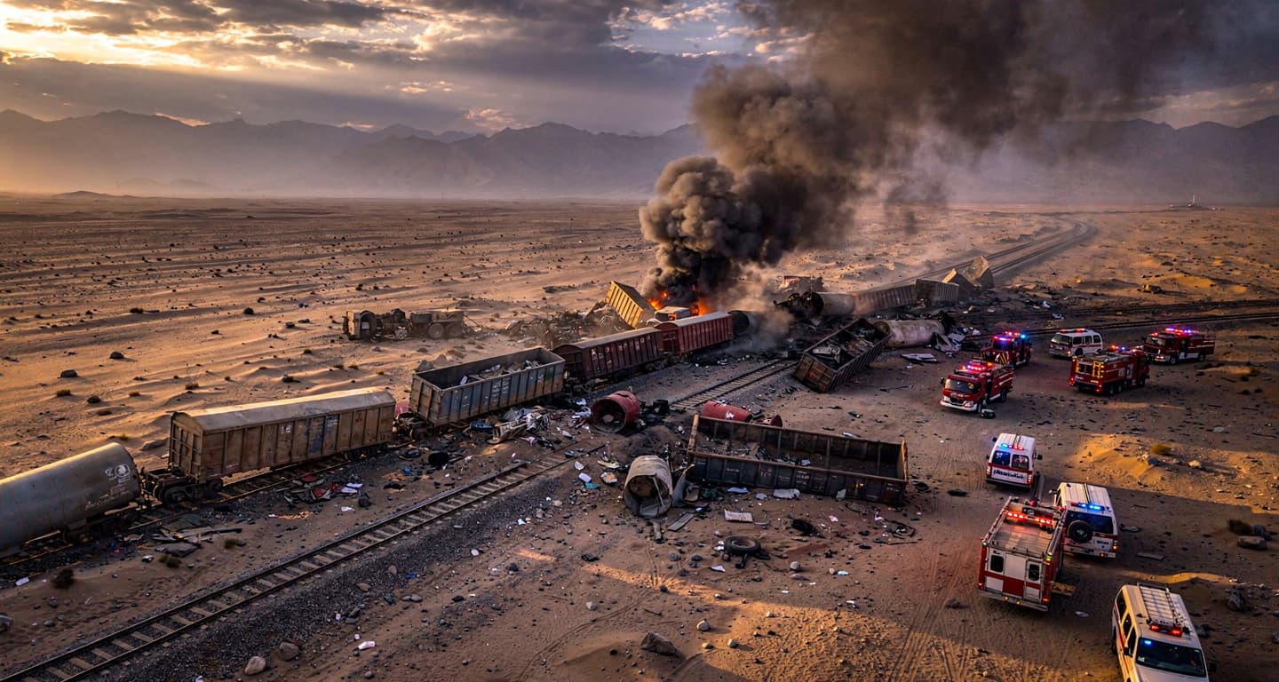 Derailment of a cargo train in a desert landscape near Quetta, Pakistan