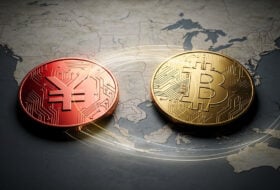 Digital yuan and Bitcoin logos over a map of East Asia and the US