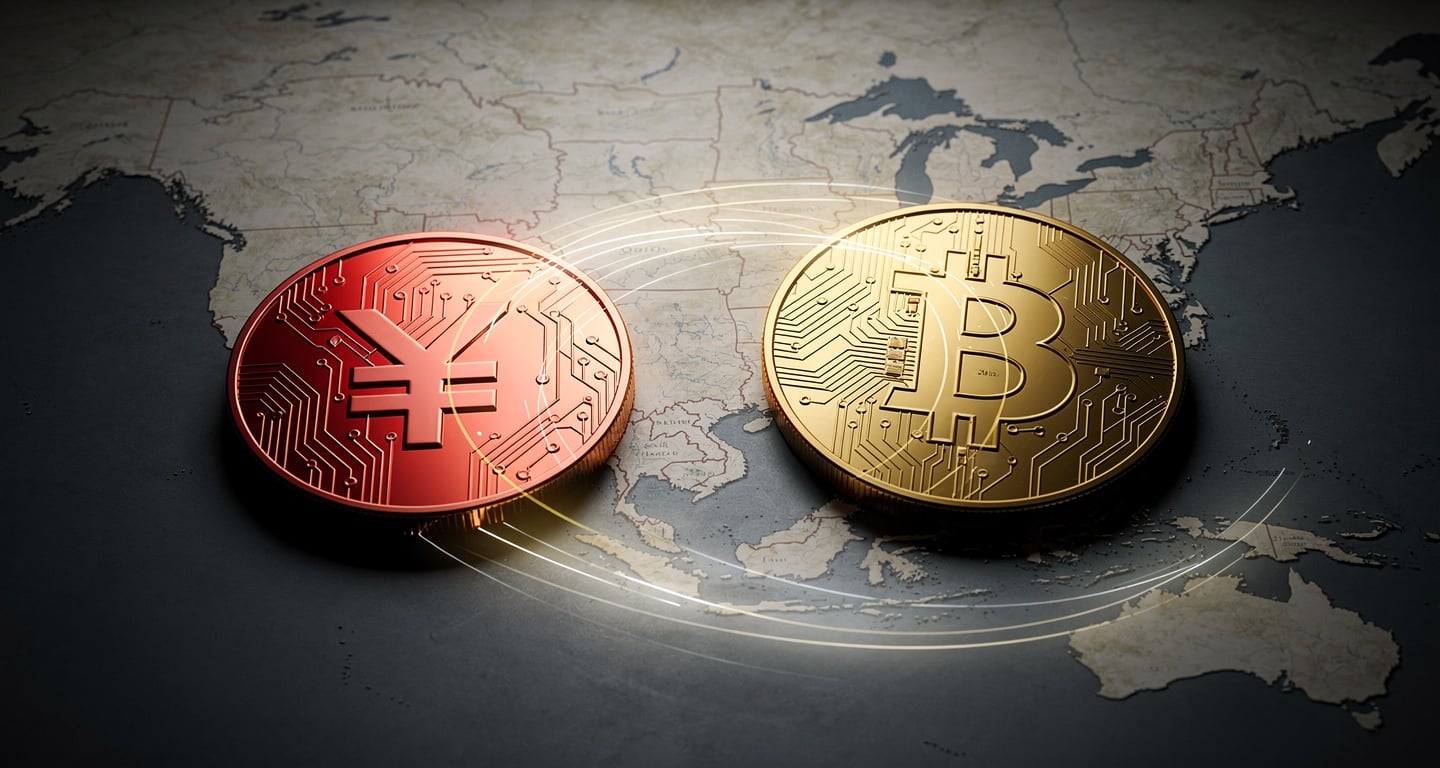 Digital yuan and Bitcoin logos over a map of East Asia and the US