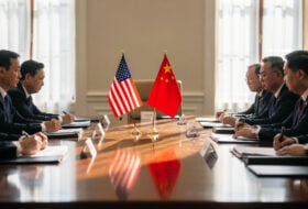 Diplomatic meeting room with US and Chinese flags, formal government setting