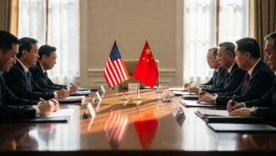Diplomatic meeting room with US and Chinese flags, formal government setting