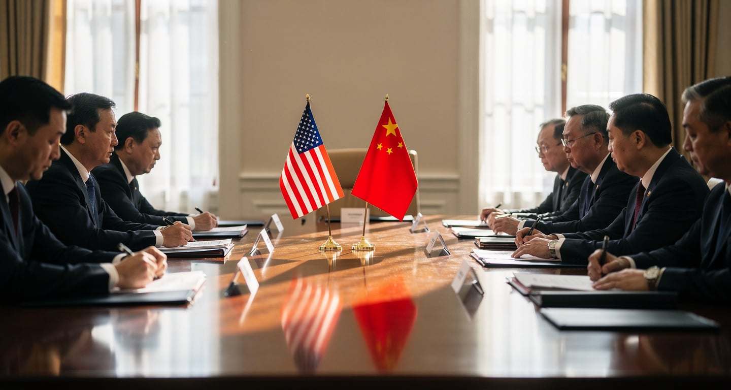 Diplomatic meeting room with US and Chinese flags, formal government setting
