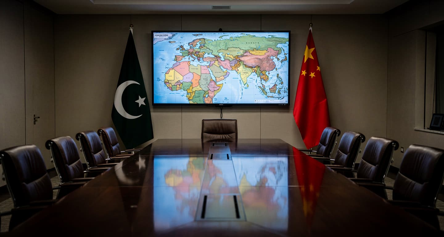 Diplomatic meeting room with Pakistani and Chinese flags, Middle East map on screen