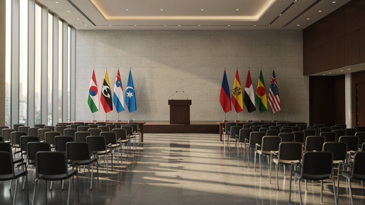 Empty conference podium with flags at diplomatic summit venue, Singapore
