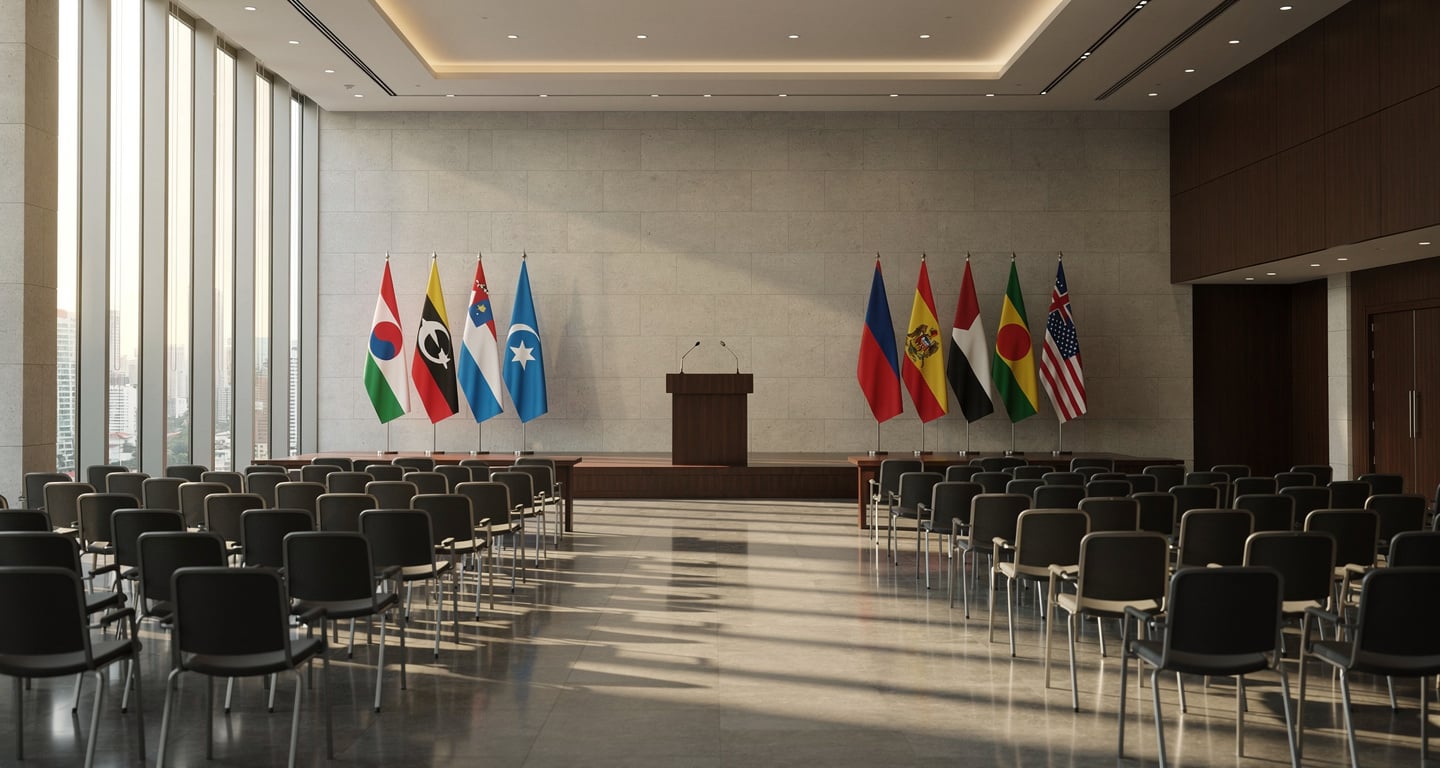Empty conference podium with flags at diplomatic summit venue, Singapore
