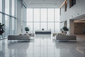 Empty corporate office lobby in Seoul, South Korea, modern minimalist interior