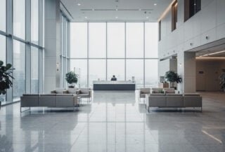 Empty corporate office lobby in Seoul, South Korea, modern minimalist interior