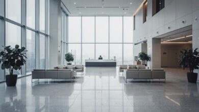 Empty corporate office lobby in Seoul, South Korea, modern minimalist interior