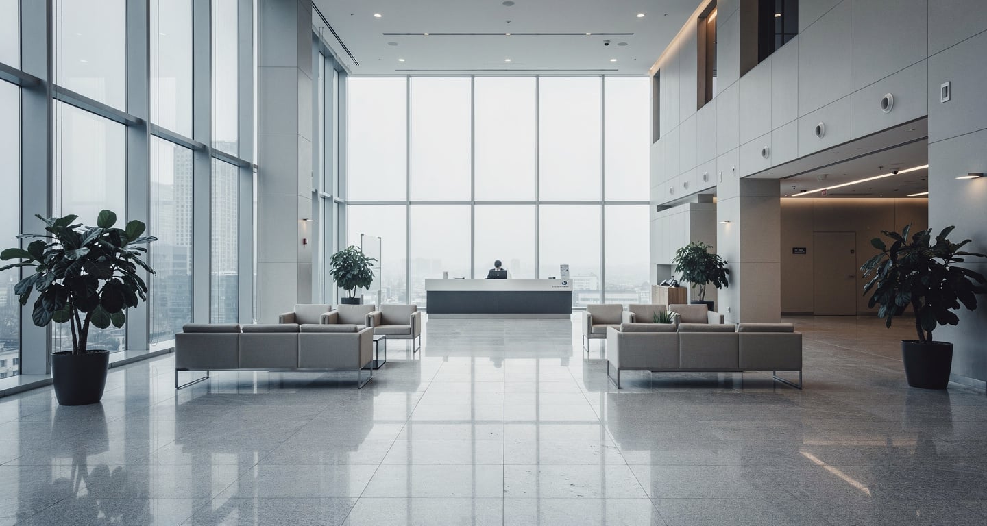 Empty corporate office lobby in Seoul, South Korea, modern minimalist interior
