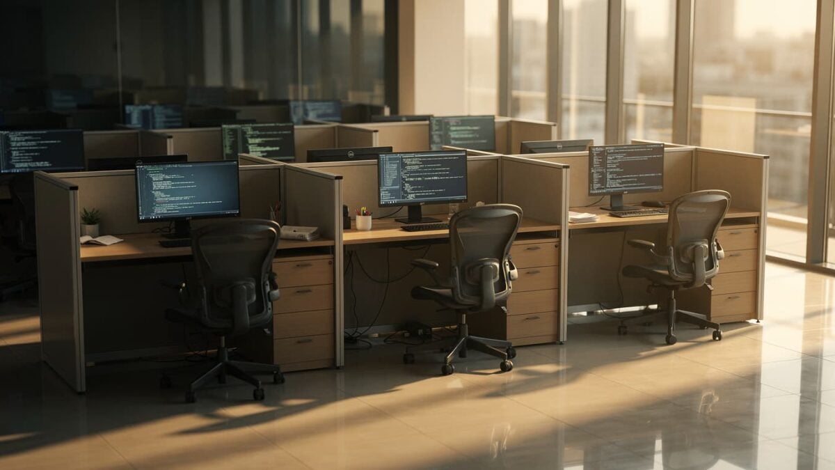 Empty office cubicles in an Indian IT park with glowing screens