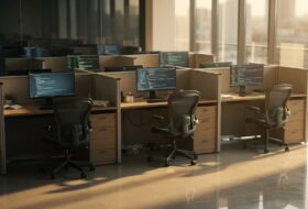 Empty office cubicles in an Indian IT park with glowing screens