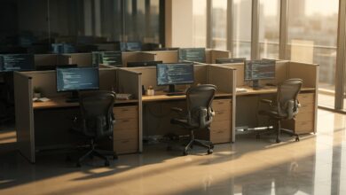 Empty office cubicles in an Indian IT park with glowing screens