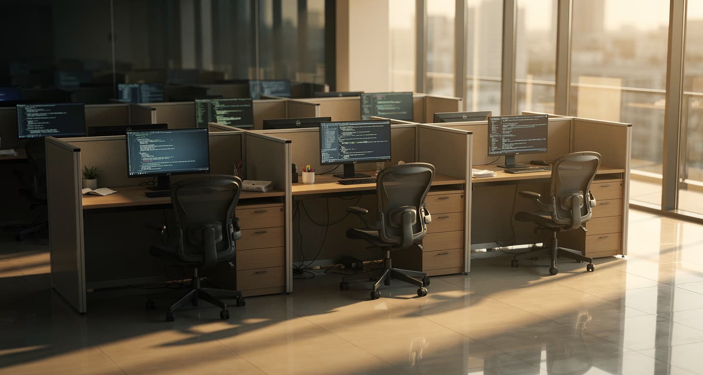 Empty office cubicles in an Indian IT park with glowing screens