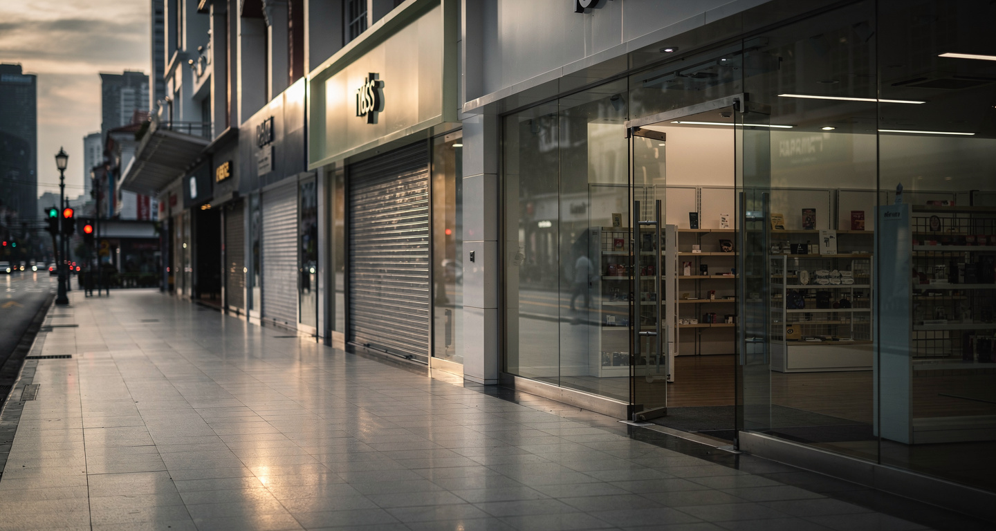 Empty storefronts and quiet shopping aisles on Orchard Road, Singapore