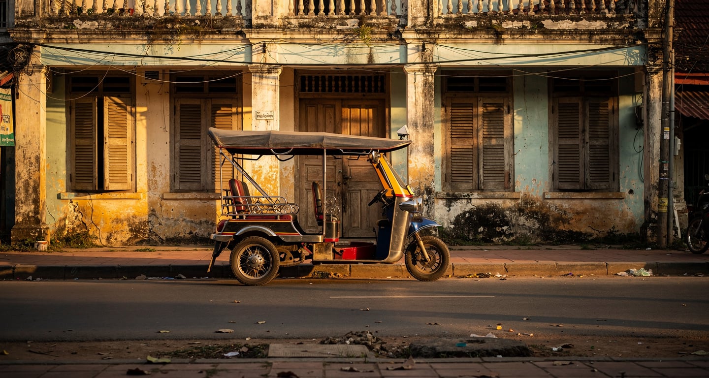 Empty tuk-tuk outside closed guesthouse, Siem Reap, Cambodia
