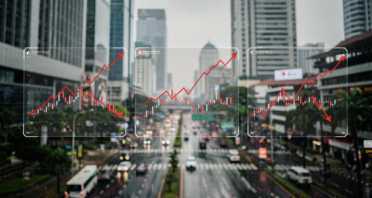 Financial charts with Jakarta financial district background