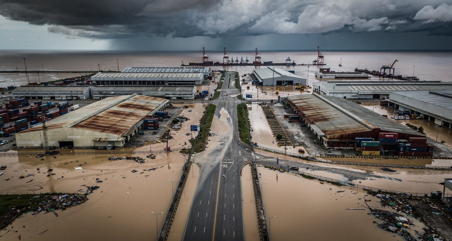 Flooded industrial area in a coastal city in Southeast Asia