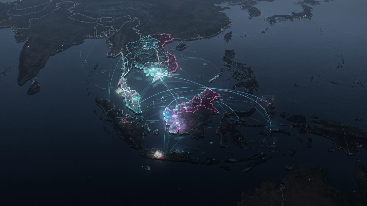 Fragmented digital networks and data streams over Southeast Asia map at night