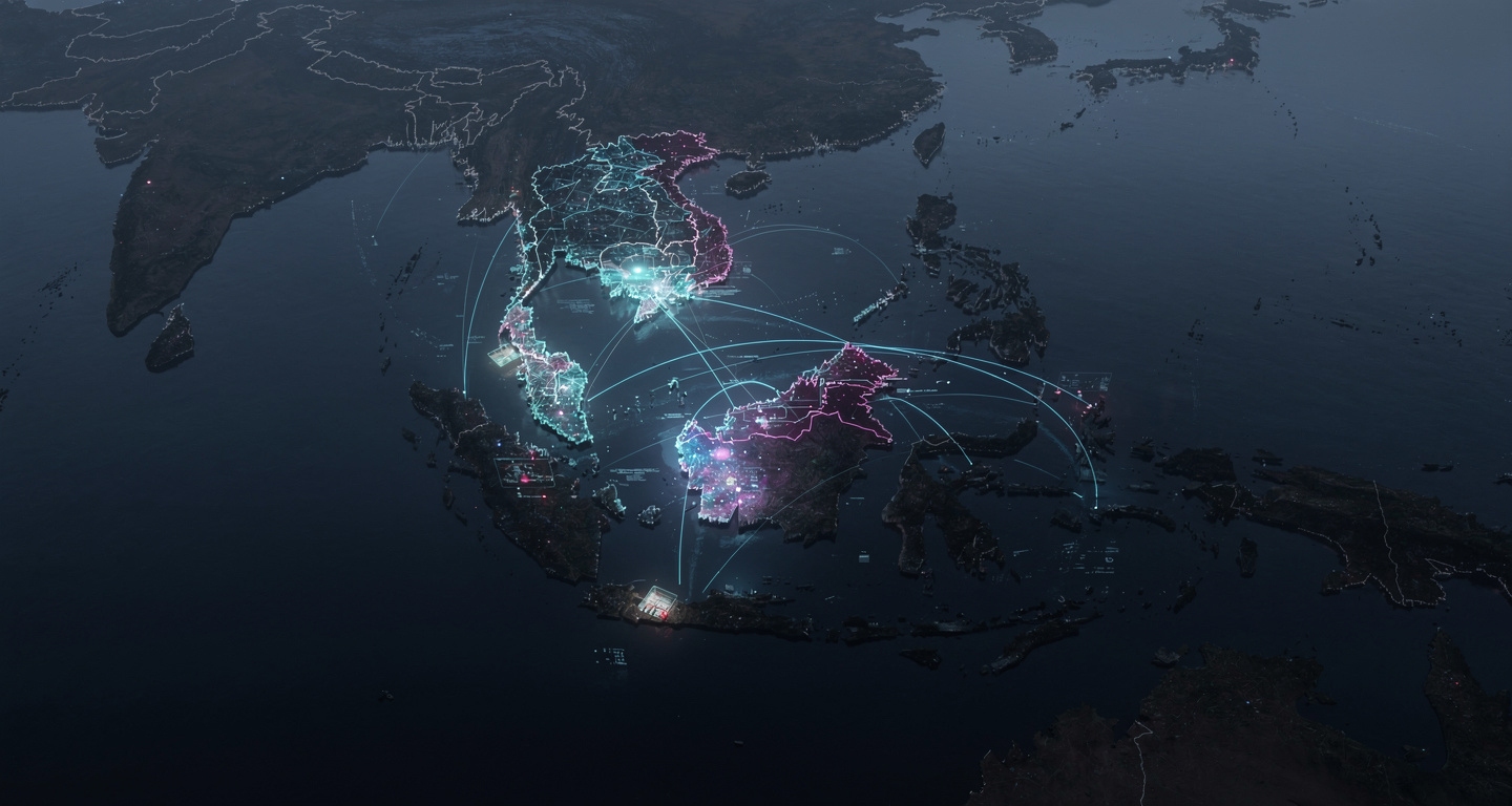 Fragmented digital networks and data streams over Southeast Asia map at night