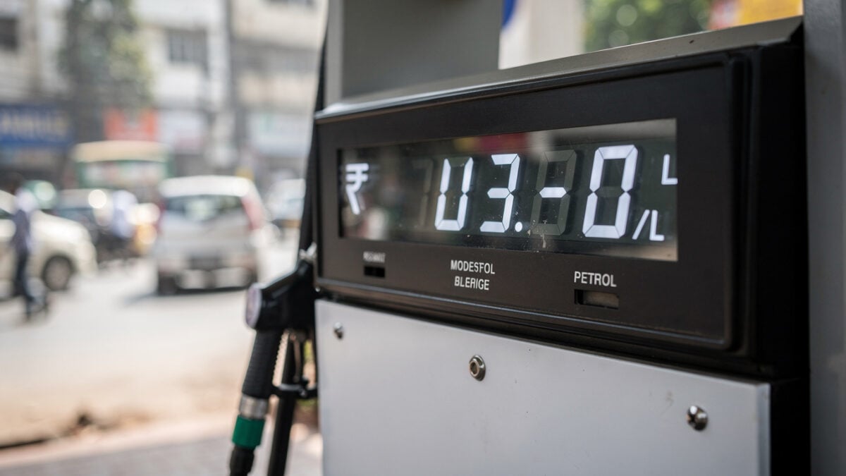Fuel pump price display showing ₹103-104 per litre at Bengaluru petrol station, Karnataka
