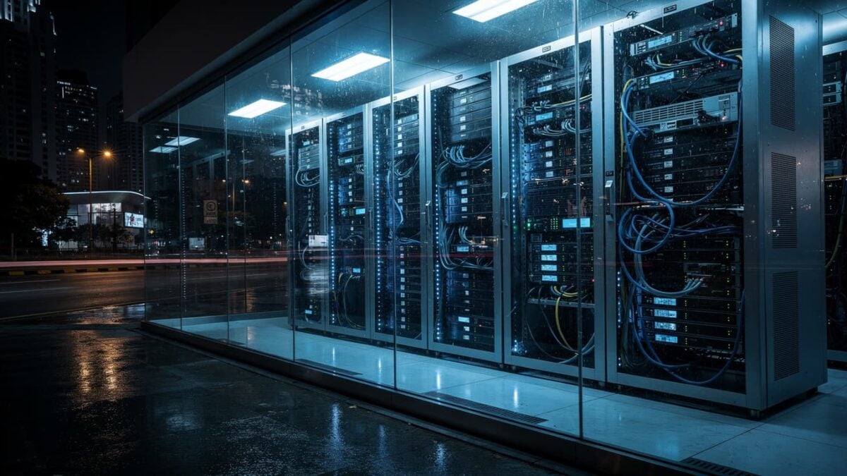Futuristic data center in Kuala Lumpur with glowing servers, dramatic lighting