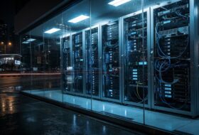 Futuristic data center in Kuala Lumpur with glowing servers, dramatic lighting