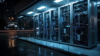 Futuristic data center in Kuala Lumpur with glowing servers, dramatic lighting