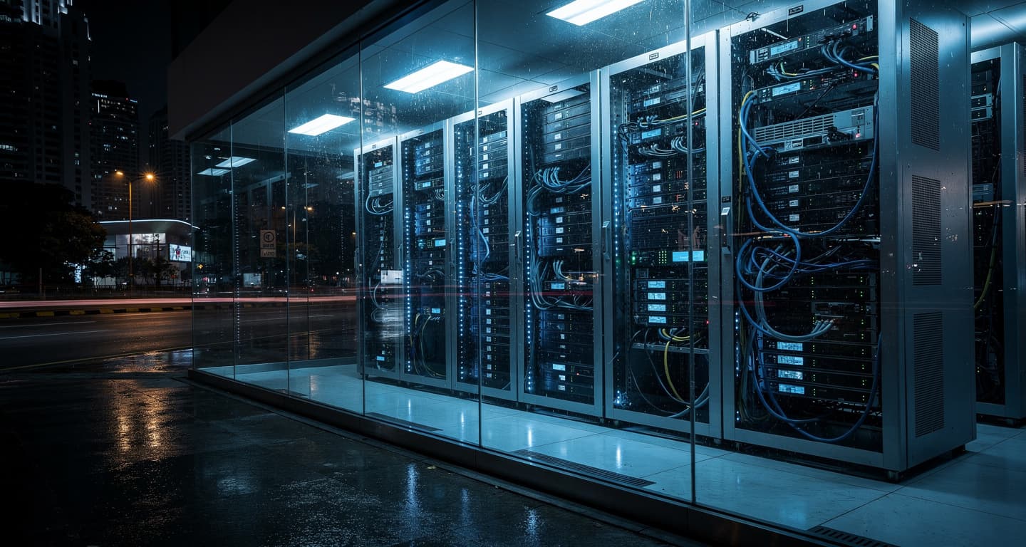Futuristic data center in Kuala Lumpur with glowing servers, dramatic lighting
